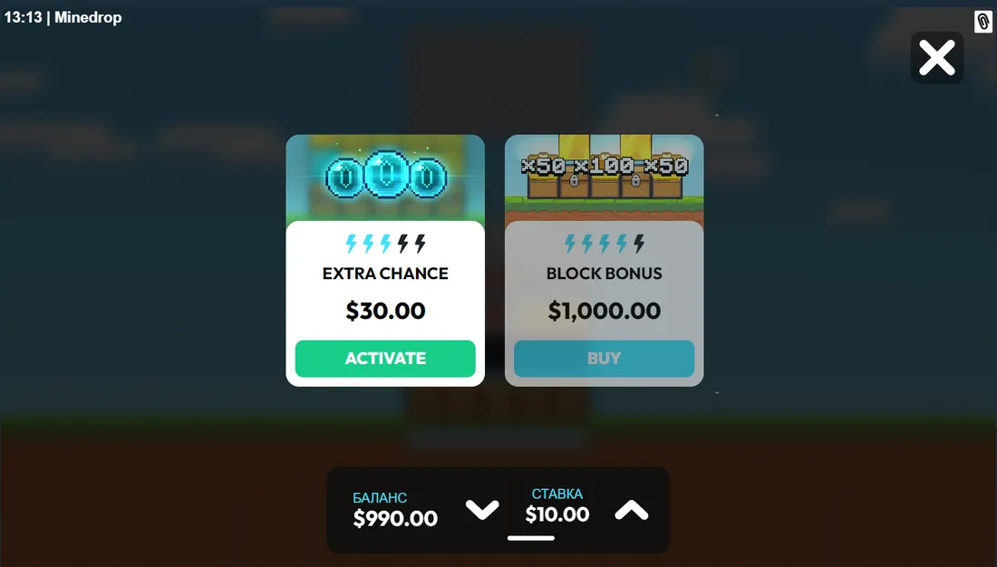 Панель покупки Mine Drop с кнопками Extra Chance и Block Bonus