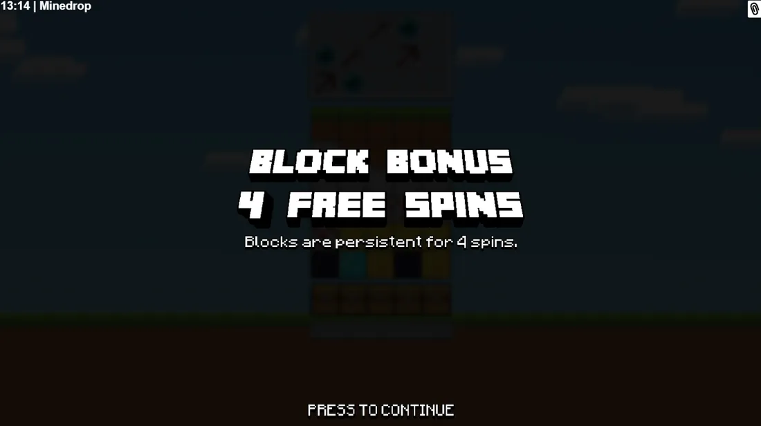 Экран запуска бонуса с надписью Block Bonus 4 Free Spins