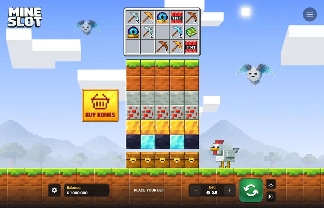 Mine Slot main screen: reels holding pickaxes, a 5x7 mine and a chicken beside the field