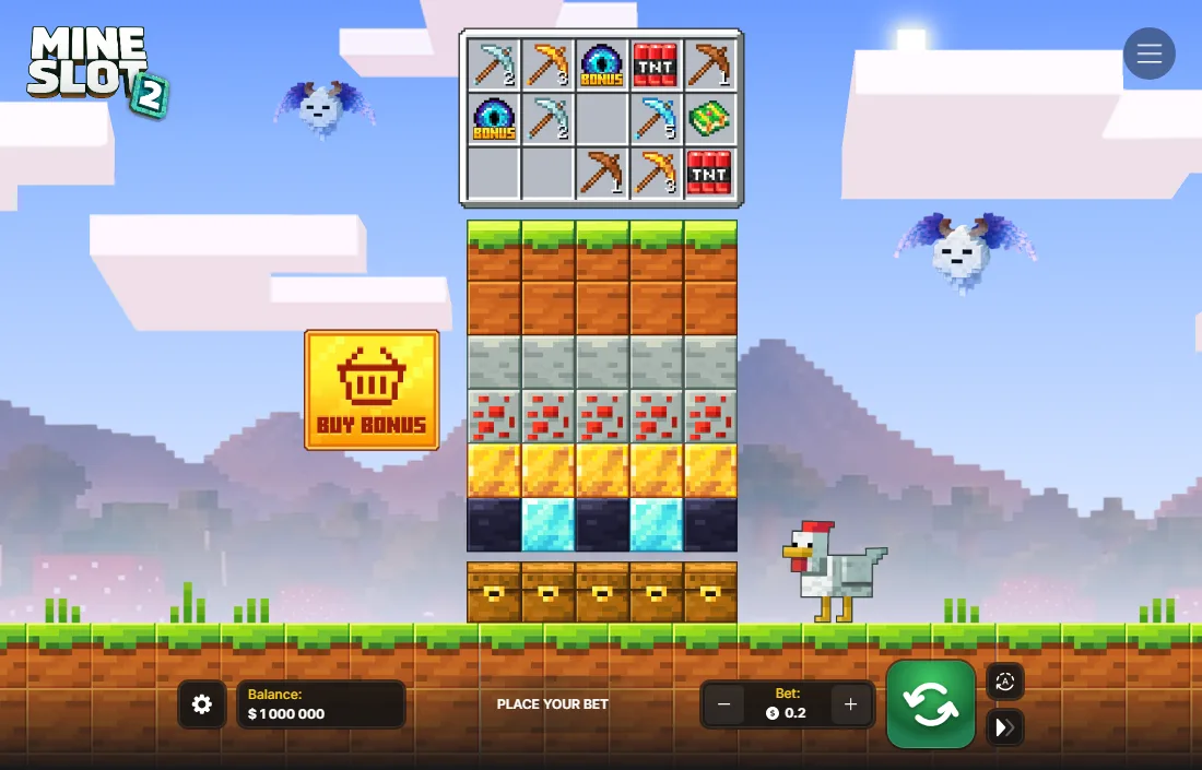 Mine Slot 2 main screen: purple sunset, a mine of blocks and a Buy Bonus button
