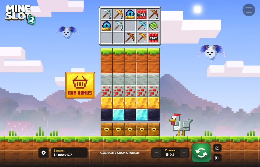 Mine Slot 2 main screen: purple sunset, a mine of blocks and a Buy Bonus button