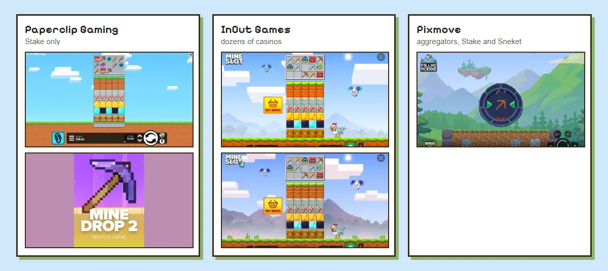 Game covers grouped by studio: Mine Drop and Mine Drop 2 under Paperclip Gaming, Mine Slot and Mine Slot 2 under InOut Games, Falling Pickaxe under Pixmove